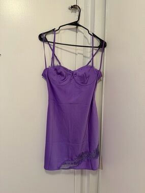 Meshki Joslyn purple satin lace mini dress